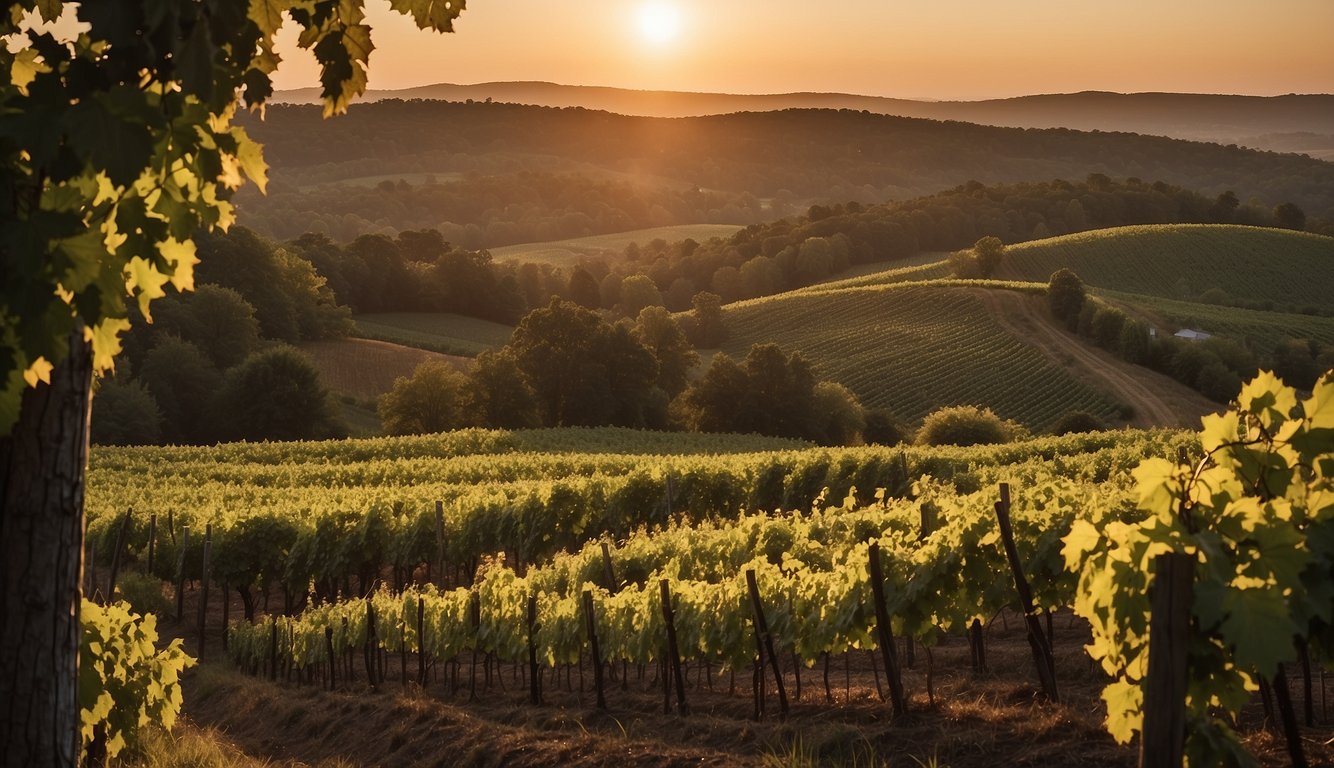 Rolling hills, lush grapevines, and charming wineries dot the Maryland landscape. A serene sunset casts a warm glow over the top 10 vineyards