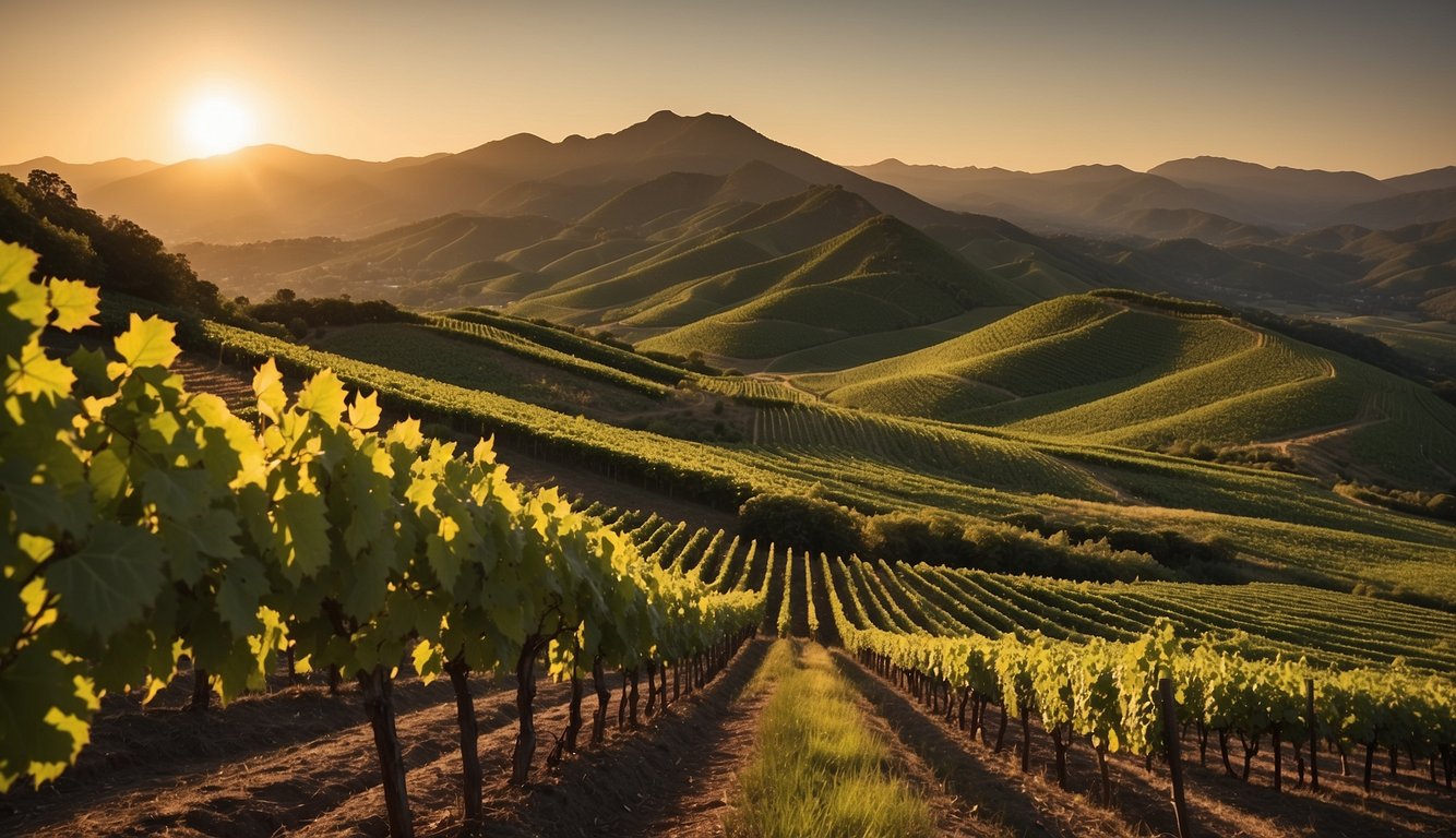 Lush green vineyards sprawl across the rolling hills, leading up to the majestic Sugarloaf Mountain. The sun sets behind the mountain, casting a warm glow over the rows of grapevines