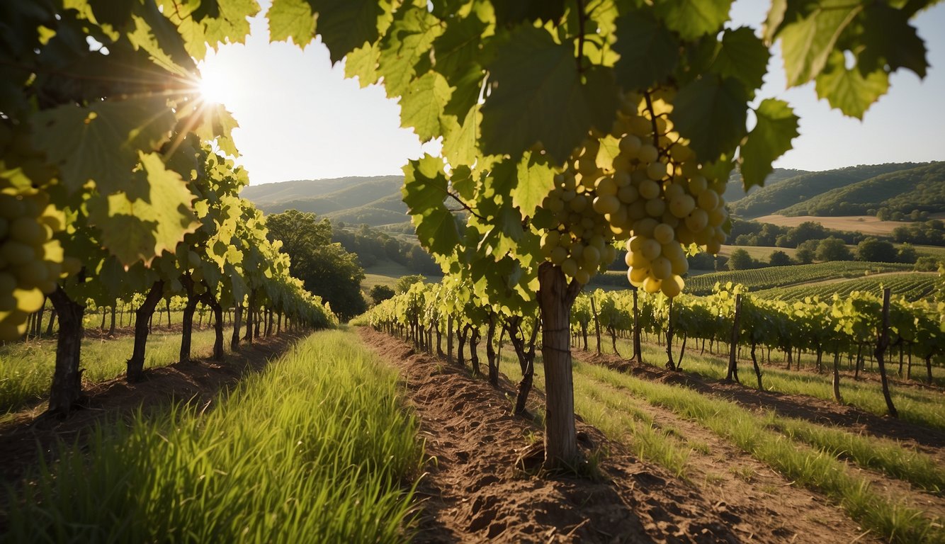 Lush green vineyards stretch across rolling hills, with rows of grapevines basking in the warm Maryland sun. A charming winery sits nestled among the vines, offering a picturesque setting for wine tasting and relaxation