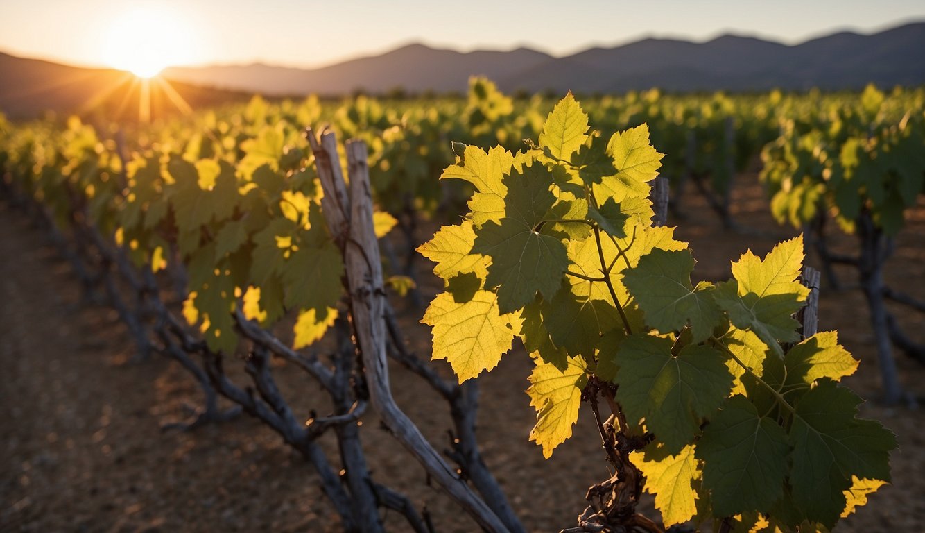 The sun sets over the rugged New Mexico landscape, casting a warm glow on rows of grapevines. The arid climate and high altitude create the perfect conditions for viticulture