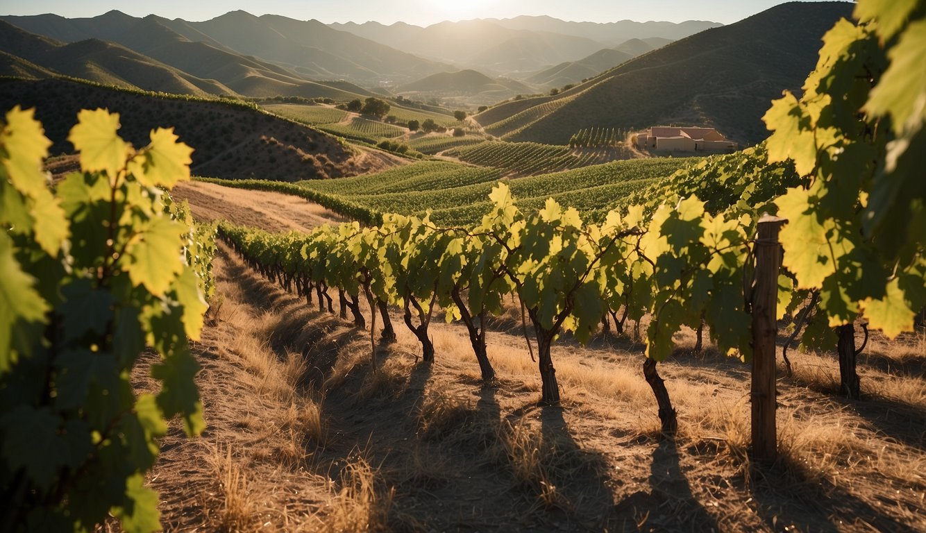 Lush vineyards sprawl across New Mexico's rolling hills, each row of grapevines bathed in the warm glow of the sun. The vibrant green leaves and clusters of ripening grapes create a picturesque scene of natural beauty