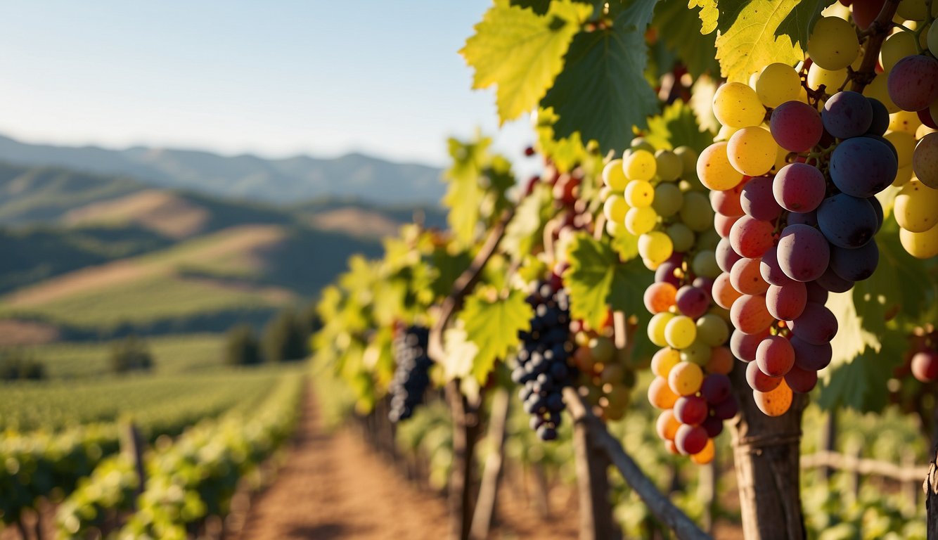 Lush vineyards bask in golden sunlight, surrounded by rolling hills and clear blue skies. Grapes hang heavy on the vines, ready for the perfect harvest