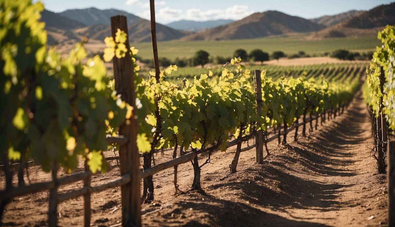 Lush vineyard at Gruet Winery, New Mexico. Rolling hills, grapevines in neat rows, and a rustic tasting room