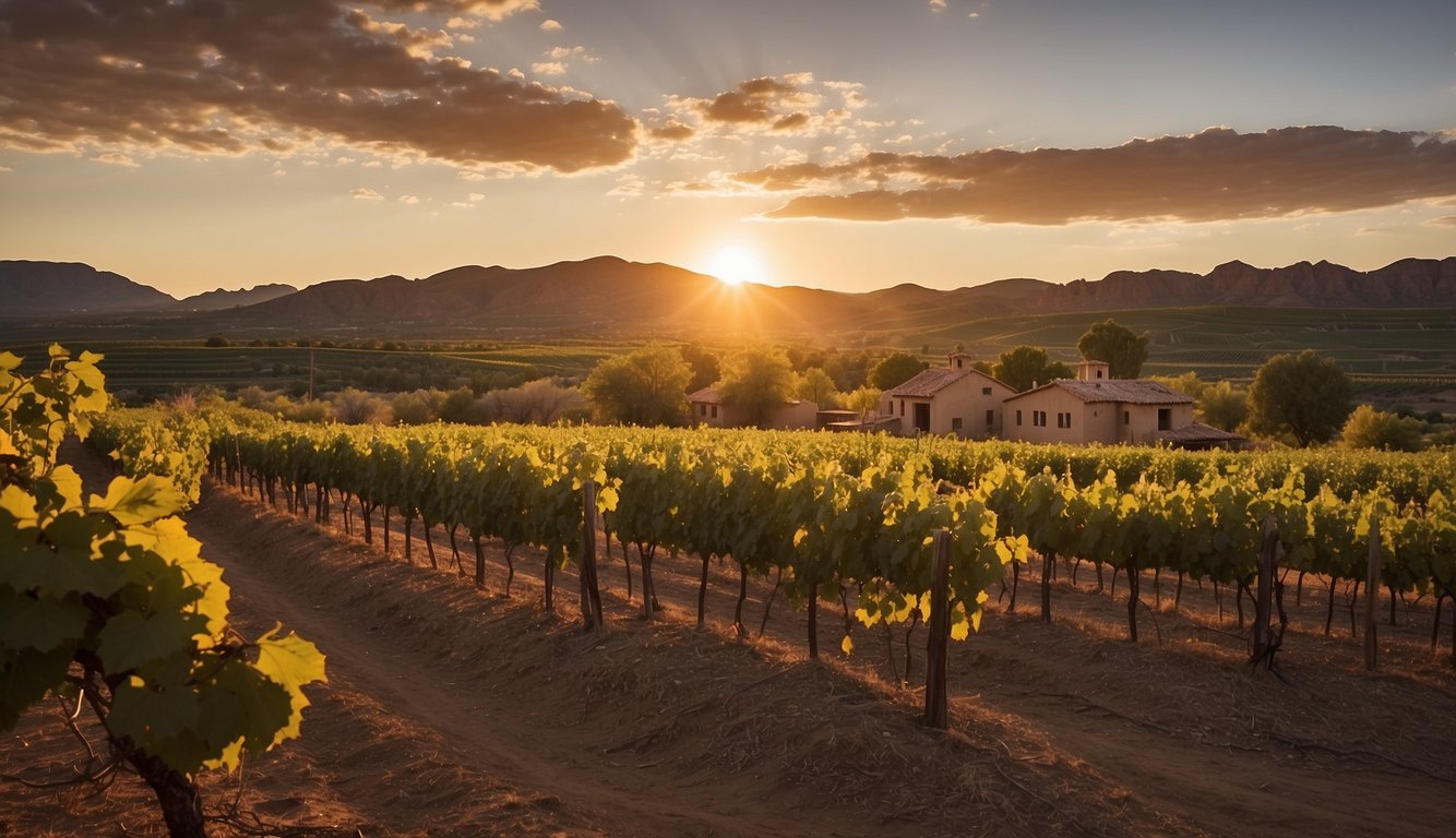 The sun sets over the Luna Rossa Winery, casting a warm glow over the rows of grapevines. The rustic buildings and rolling hills create a picturesque backdrop for one of the best vineyards in New Mexico