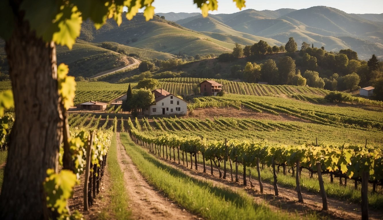 Vibrant vineyard with rolling hills, lush grapevines, and a rustic winery building. A serene stream flows through the property, adding to the picturesque scenery