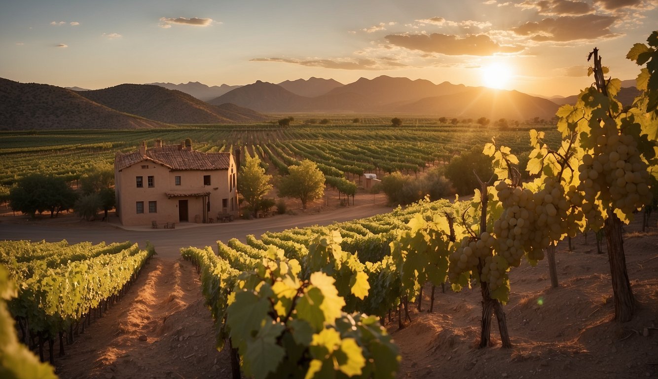 Sunset over Vivác Winery, rows of lush grapevines lead to a rustic adobe building nestled in the New Mexican landscape