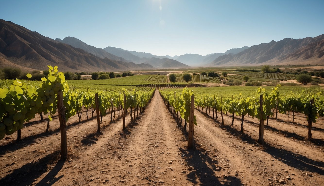 A sprawling desert landscape with rows of lush green vineyards stretching into the distance, framed by a backdrop of rugged mountains and a clear blue sky