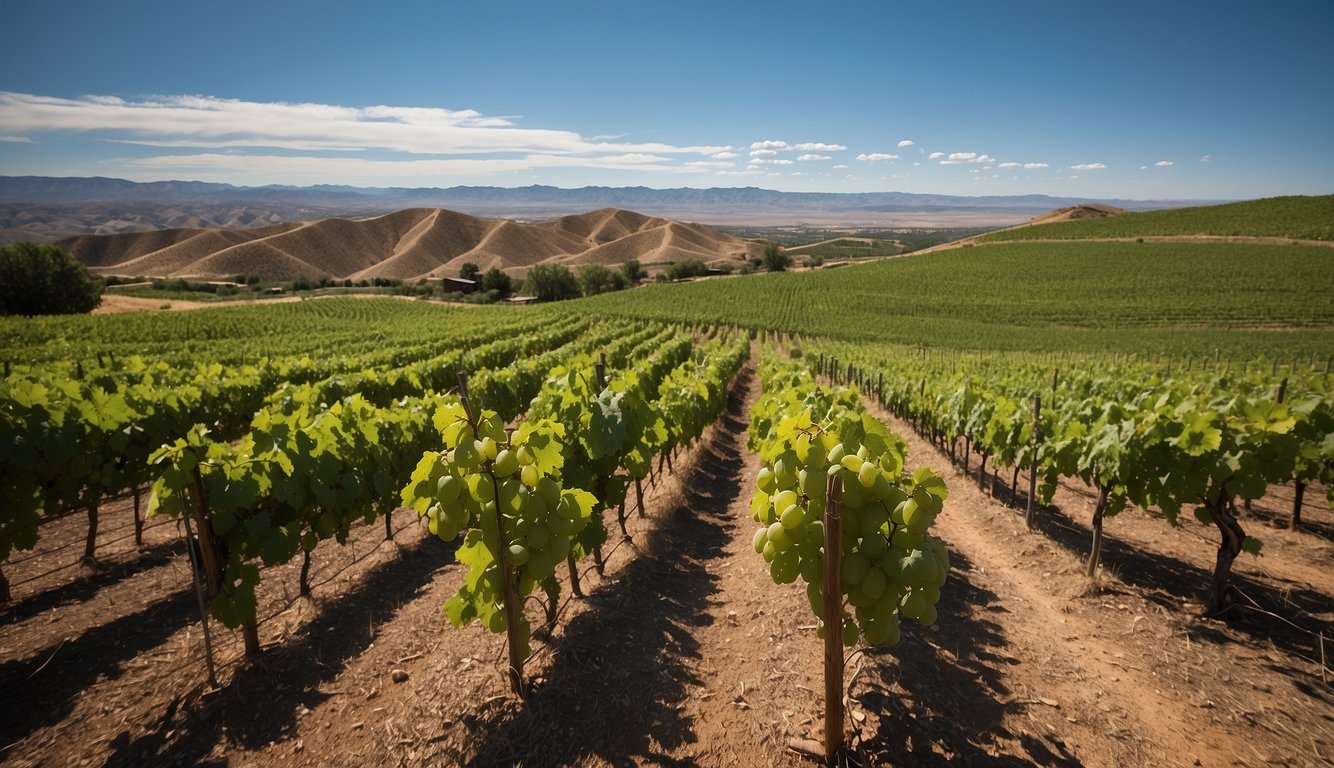 Lush green vineyards spread across rolling hills, with rows of grapevines stretching into the distance under the clear blue New Mexico sky