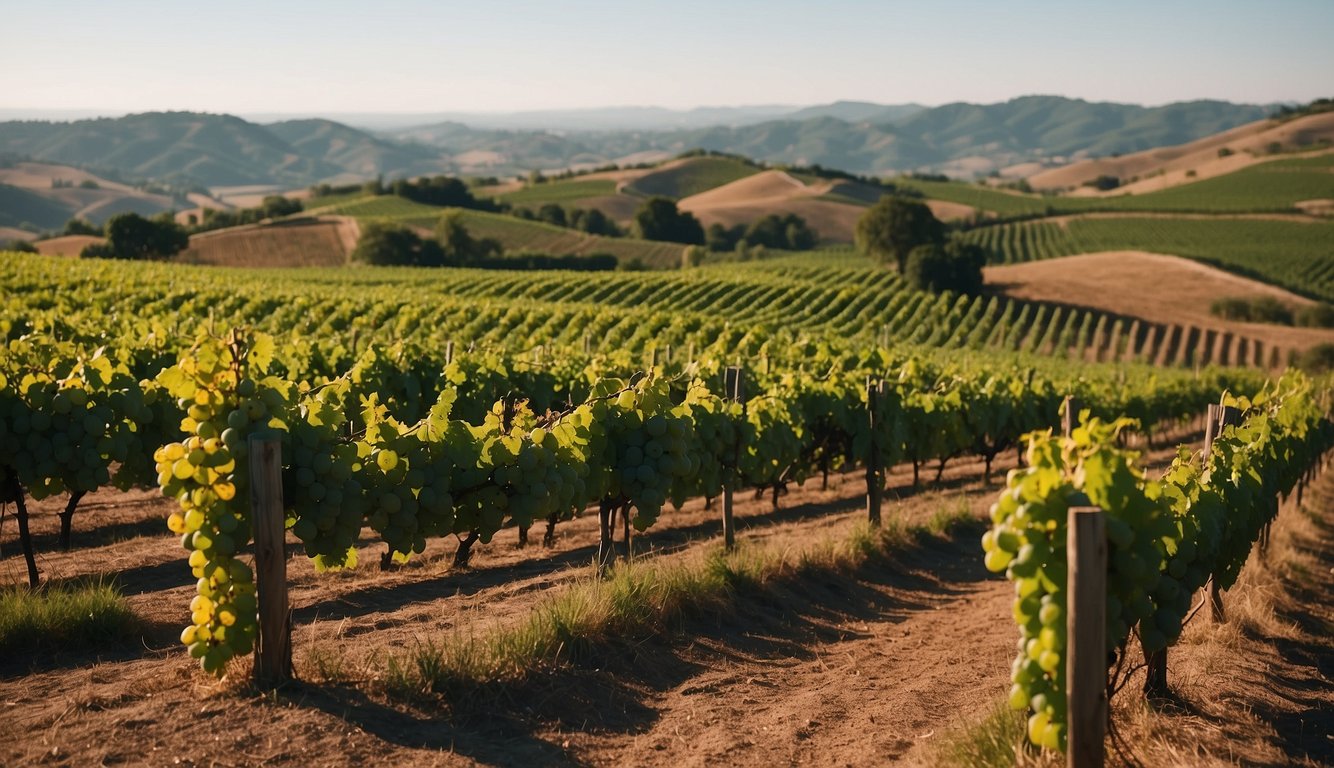 Lush green vineyards spread across rolling hills, rows of grapevines stretching towards the horizon, with a winery nestled in the distance