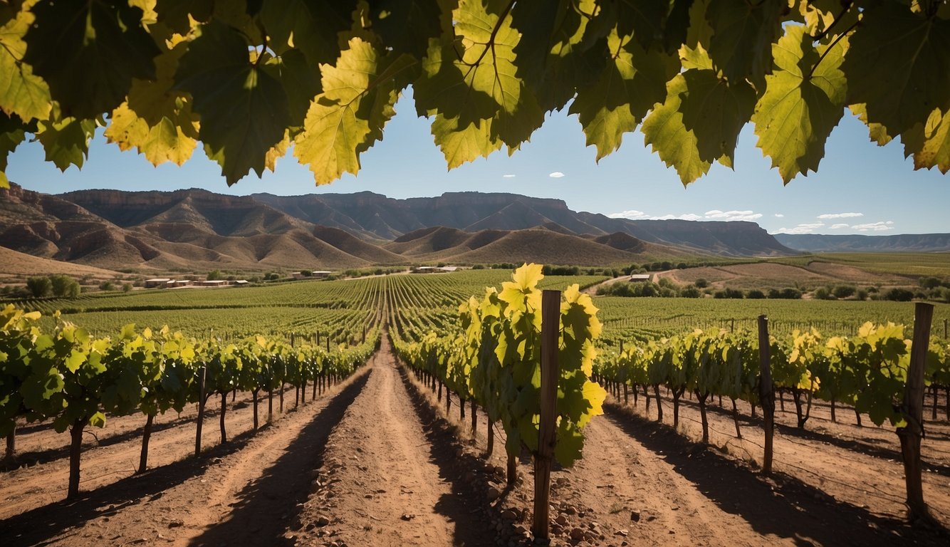 Lush vineyards sprawl across the New Mexico landscape, with rows of grapevines stretching towards the horizon. The Black Mesa Winery stands out among the 10 best, its buildings and tasting room nestled amidst the greenery