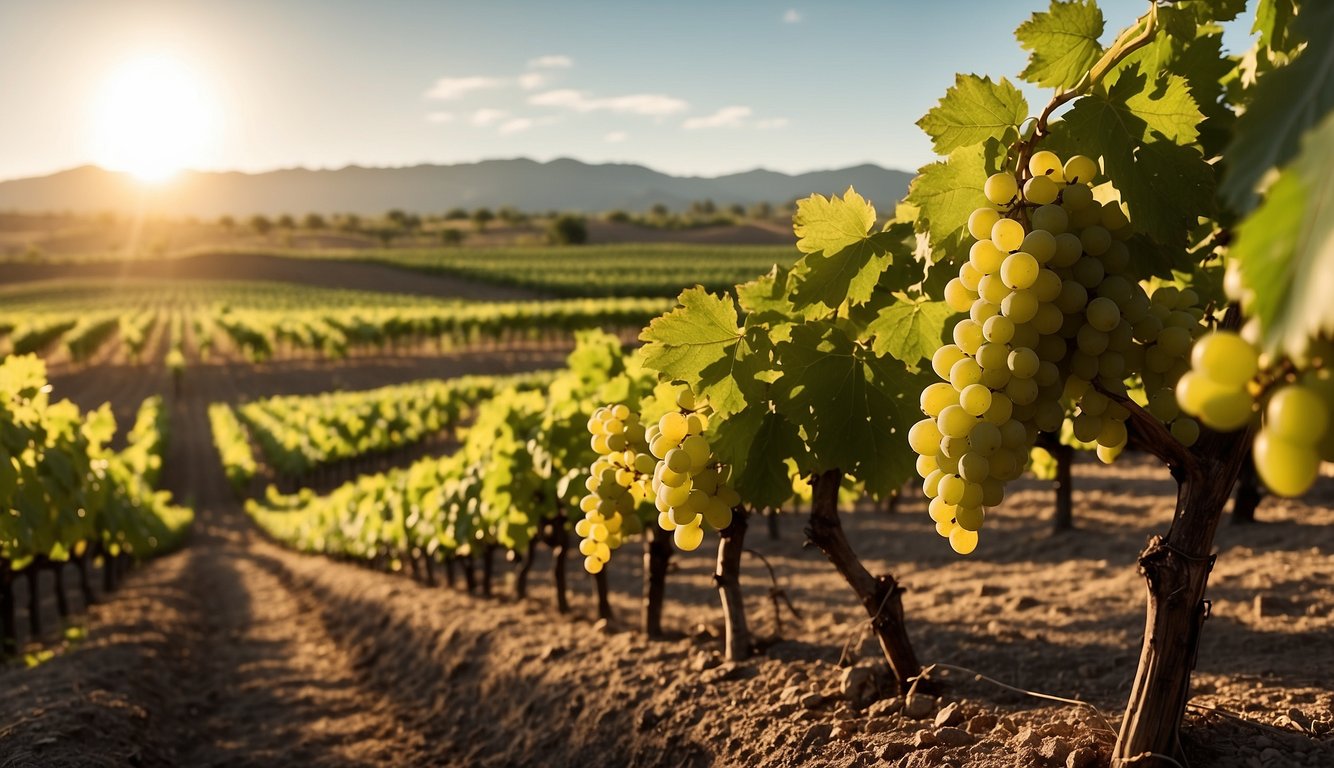 Lush vineyards sprawl across the New Mexico landscape, showcasing a variety of grapes. The sun casts a warm glow on the rows of vines, creating a picturesque scene for any illustrator to recreate