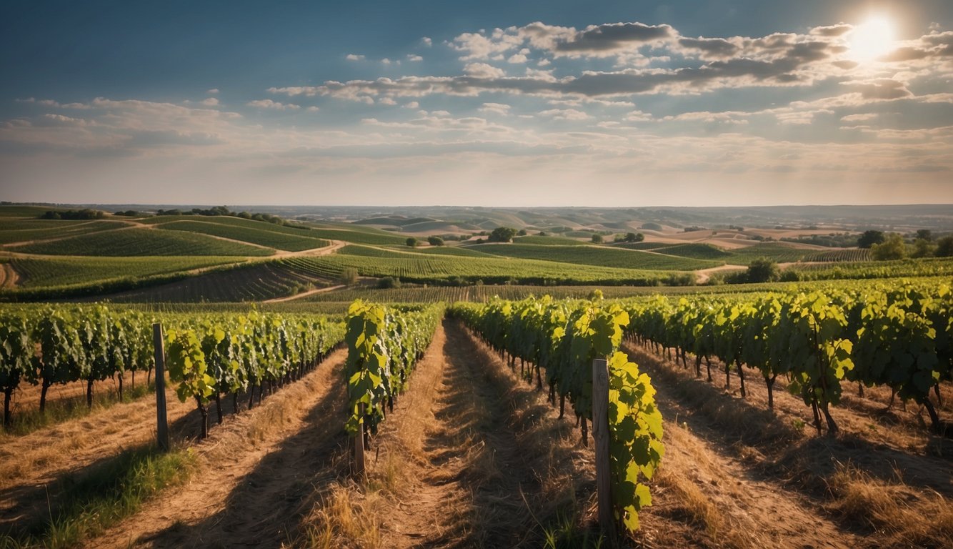 Rolling hills of green vineyards stretch across the Kansas landscape, with rows of grapevines neatly lined up under the open sky. A rustic winery sits in the distance, surrounded by the peaceful beauty of the countryside