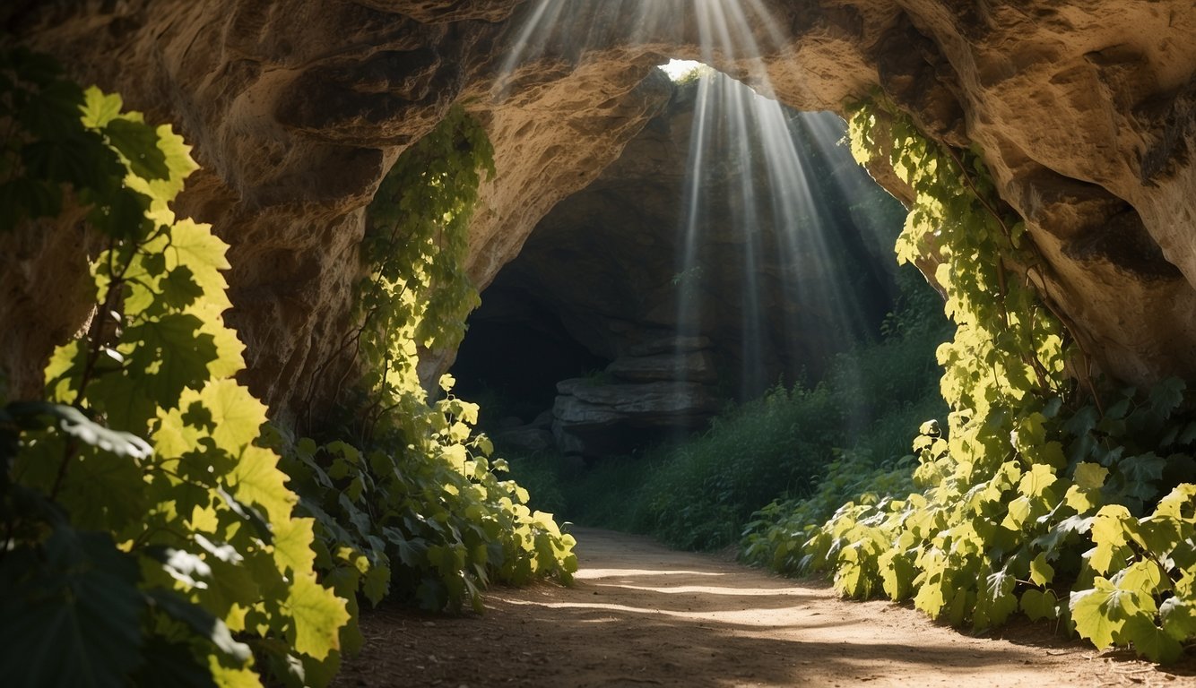 Sunlight filters through the limestone cave, illuminating the crystal formations. Rows of lush grapevines stretch across the rolling hills of the Wisconsin countryside