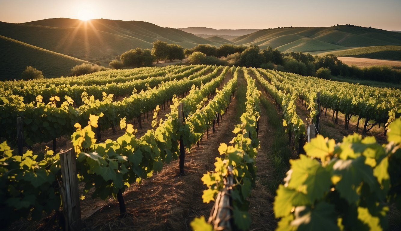 Lush green vines cover rolling hills, leading to a serene river in River Valley Vineyard, one of Kansas' top 10 vineyards