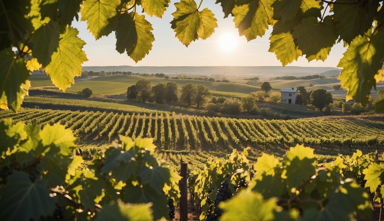 Rolling hills, lush grapevines, and quaint wineries dot the Kansas landscape. Sunlight filters through the leaves as workers tend to the vines, creating a tranquil and picturesque setting for a vineyard illustration