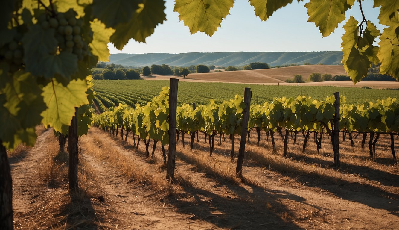 Rolling hills of Kansas vineyards stretch out under a blue sky, rows of grapevines laden with ripe fruit. A rustic winery stands in the distance, surrounded by lush greenery and peaceful serenity