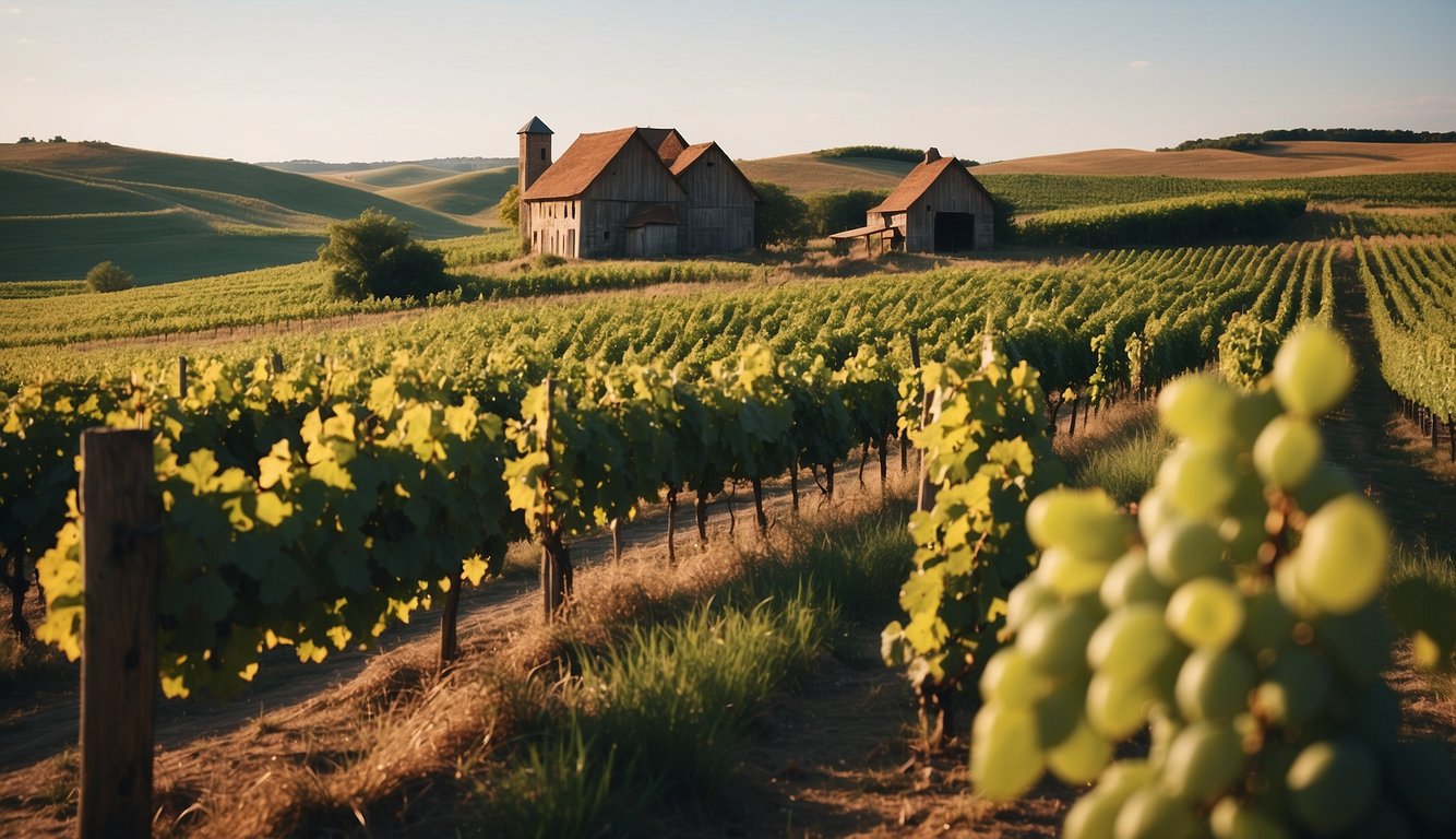 Lush vineyard with rolling hills, rows of grapevines, and a rustic winery building nestled in the Kansas countryside