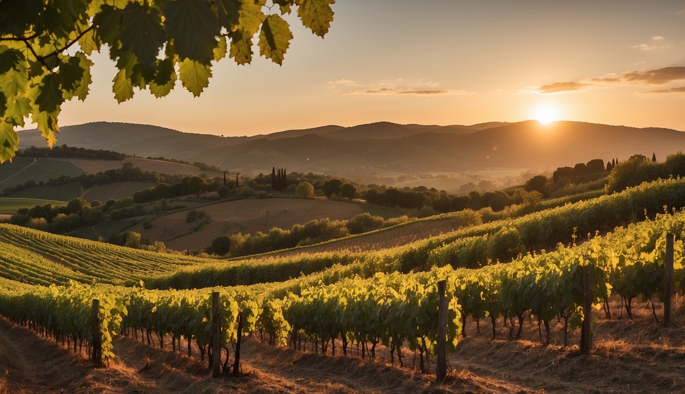 Rolling hills of lush vineyards, with grapevines stretching as far as the eye can see. The sun sets behind the Domaine de la Fée Verte, casting a warm glow over the picturesque landscape