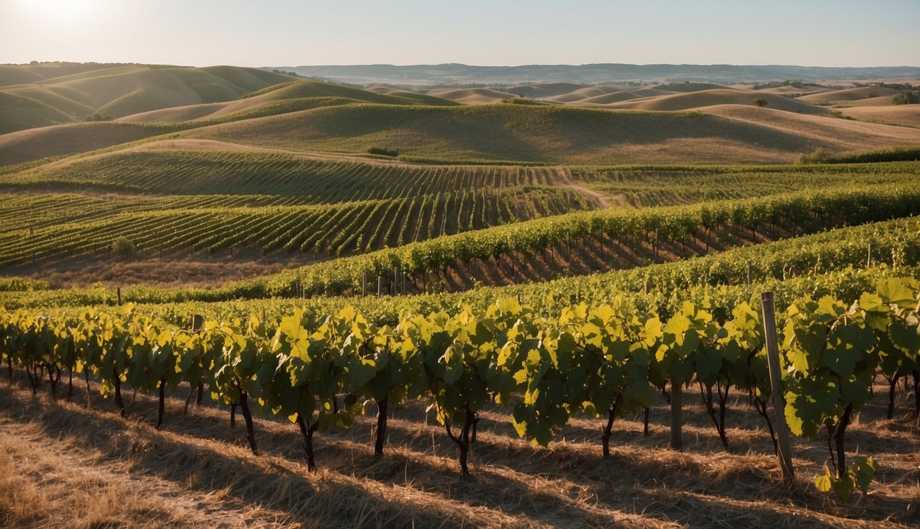 Rolling hills of vineyards stretch across the Kansas landscape, with rows of grapevines soaking up the warm sun. A rustic tasting room sits nestled among the vines, offering a cozy spot to sample the region's best wines