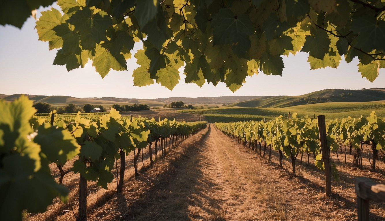 Lush vineyard rows at Holy-Field Winery, Kansas. Rolling hills, grapevines, and a rustic winery building