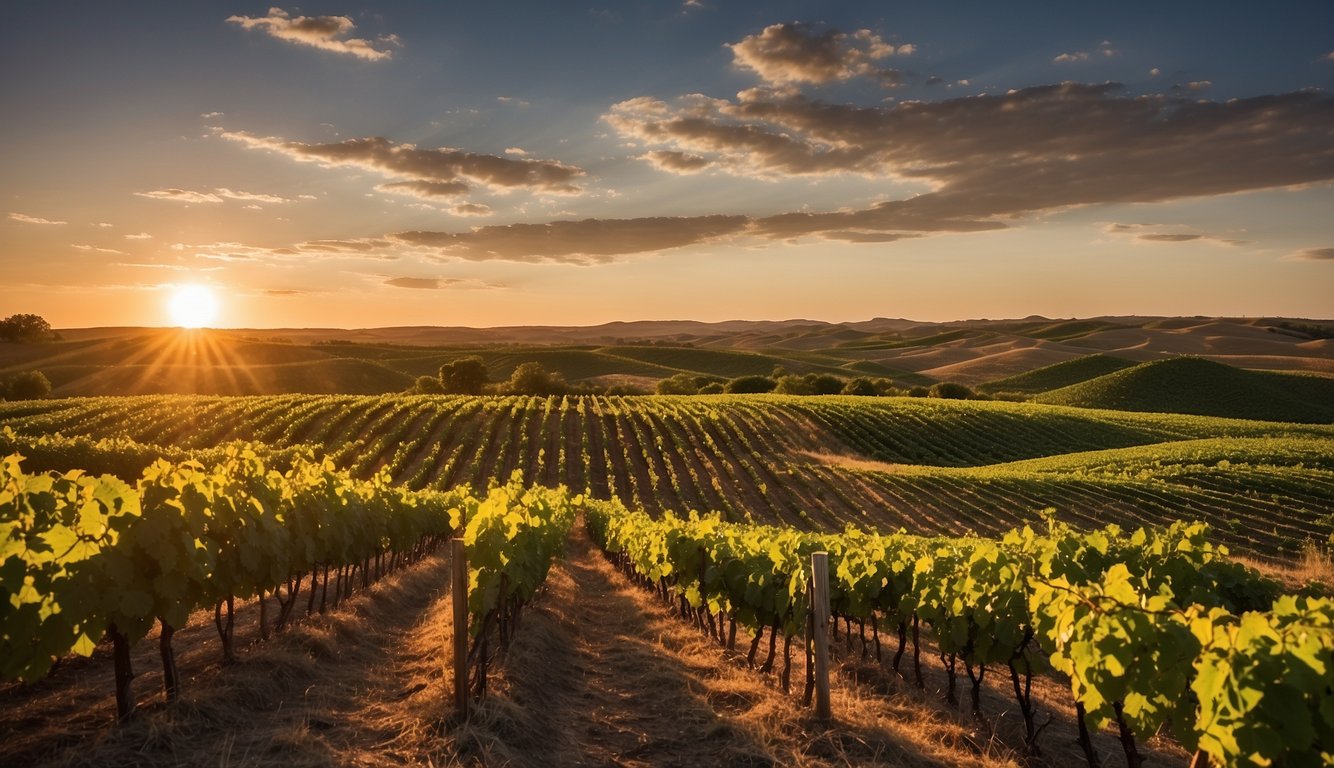 Lush green vineyards stretch across the Kansas landscape, with rows of grapevines leading to the Smoky Hill Winery. The sun sets behind the rolling hills, casting a warm glow over the picturesque scene