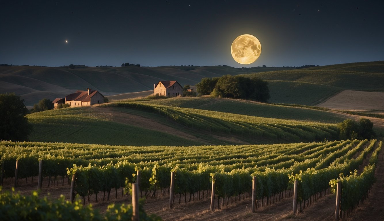 Rolling hills with lush green vineyards under a crescent moon. The winery's rustic buildings stand out against the serene Kansas landscape