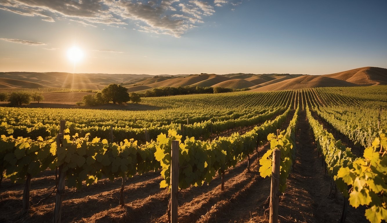 Vineyards in Kansas, rows of grapevines in the golden sunlight, with a backdrop of rolling hills and a clear blue sky