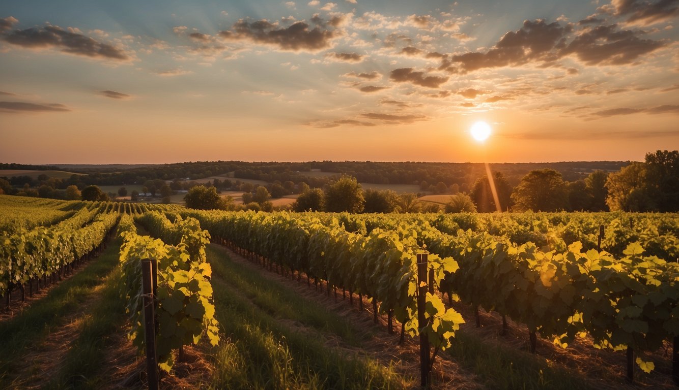 The sun sets over rolling vineyards at Cedarburg Wine & Harvest Festival, showcasing the 10 best vineyards in Wisconsin