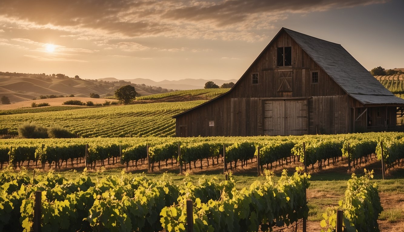 Lush green vineyards stretch across rolling hills at Wagon Wheel Winery, with a rustic barn and tasting room nestled among the rows of grapevines