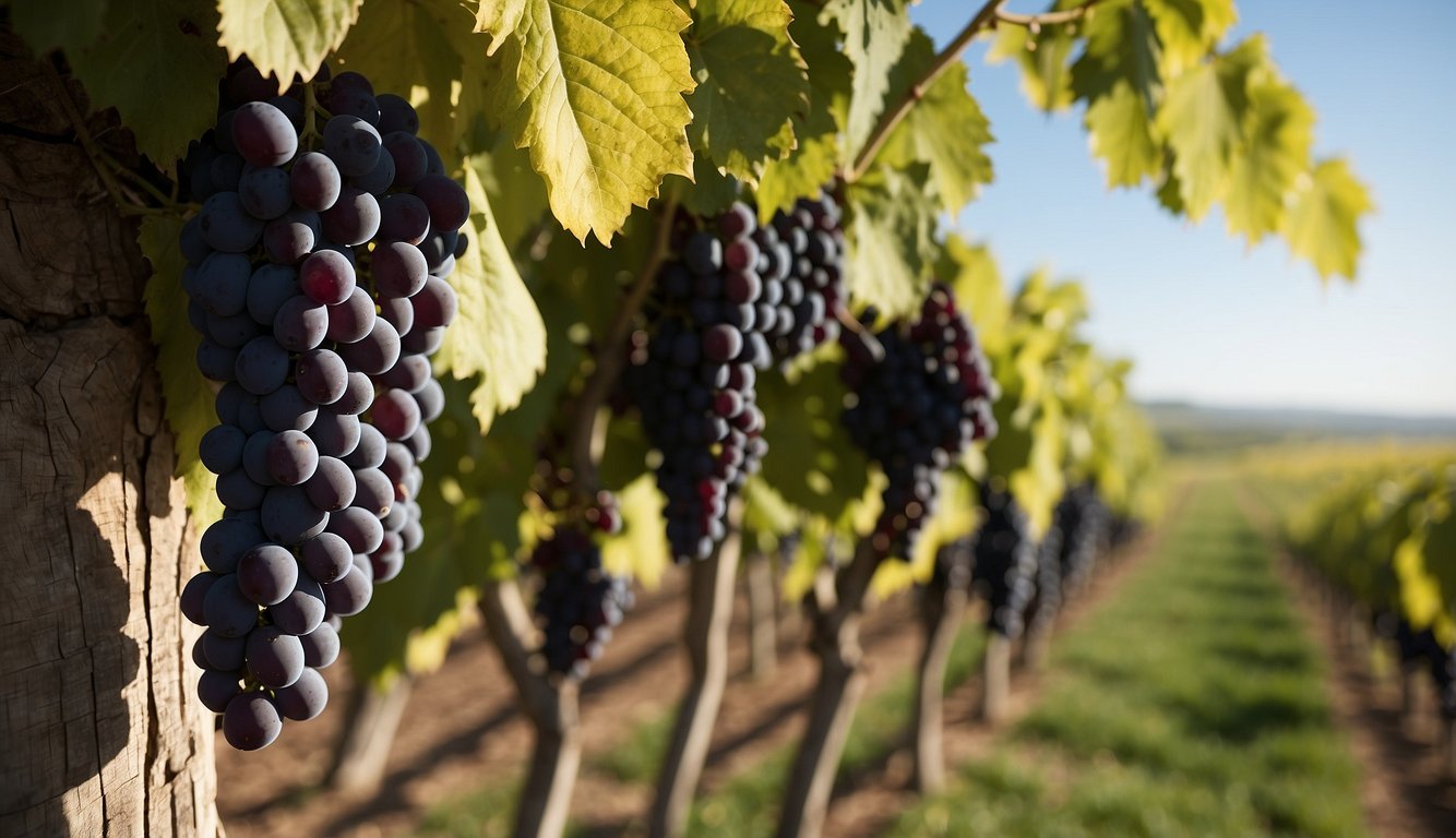 Lush vineyards at Tongue River Winery, North Dakota's top 10. Rows of grapevines stretch across rolling hills under a clear blue sky