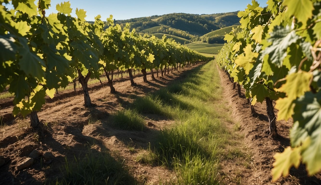 Lush vineyards spread out under a clear blue sky, surrounded by rolling hills and the gentle flow of the Maple River