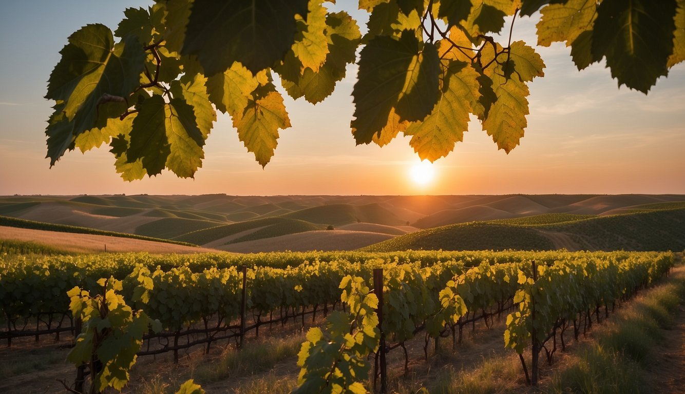 Rolling hills of grapevines at 4e Winery, North Dakota. The sun sets behind the best vineyards, casting a warm glow over the lush landscape