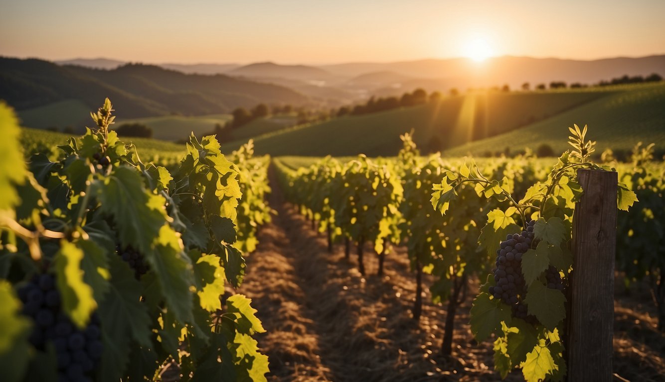 Rolling hills of golden wheat surround lush vineyards. The sun sets over the sprawling landscape, casting a warm glow on the rows of grapevines