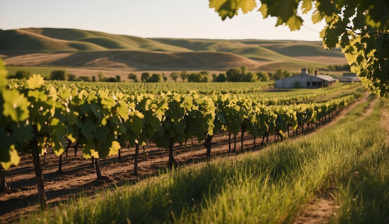 Lush green vineyards stretch across the North Dakota landscape, with rows of grapevines basking in the warm sunlight. A quaint winery sits nestled in the midst of the picturesque scenery