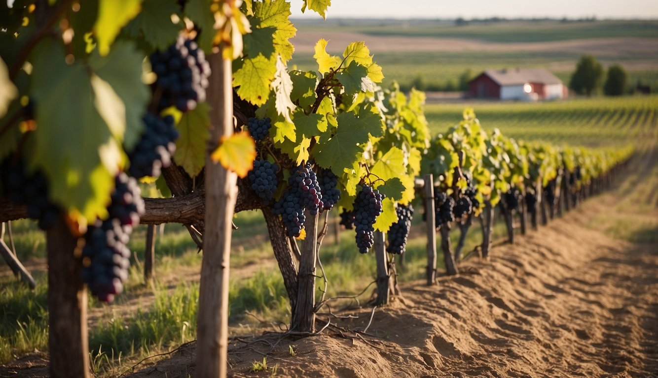 Vineyards in North Dakota produce various wine varieties. Illustrate a scenic landscape with rows of grapevines and a rustic winery