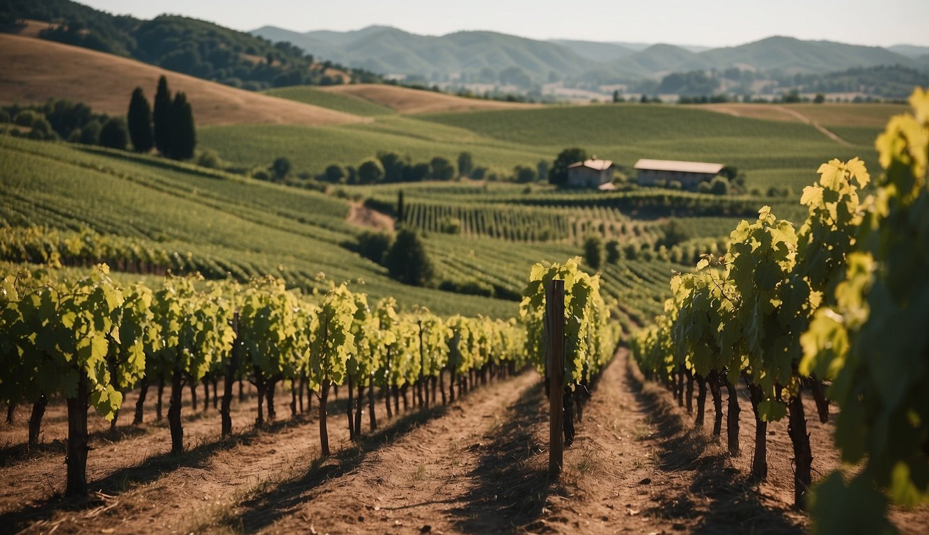 Lush vineyard with rows of grapevines, a rustic winery building, and rolling hills in the background