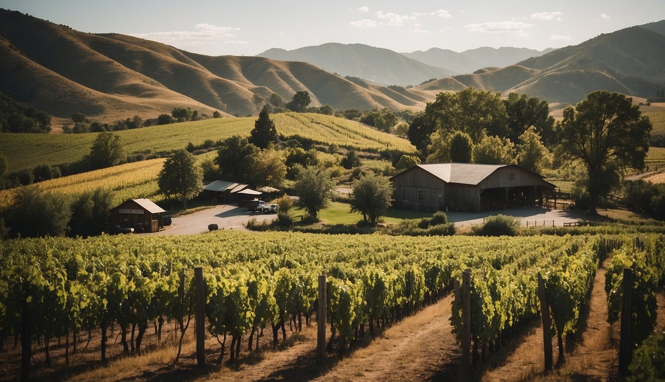 Lush green vineyards surround Fawn Creek Winery, with rolling hills and a rustic tasting room