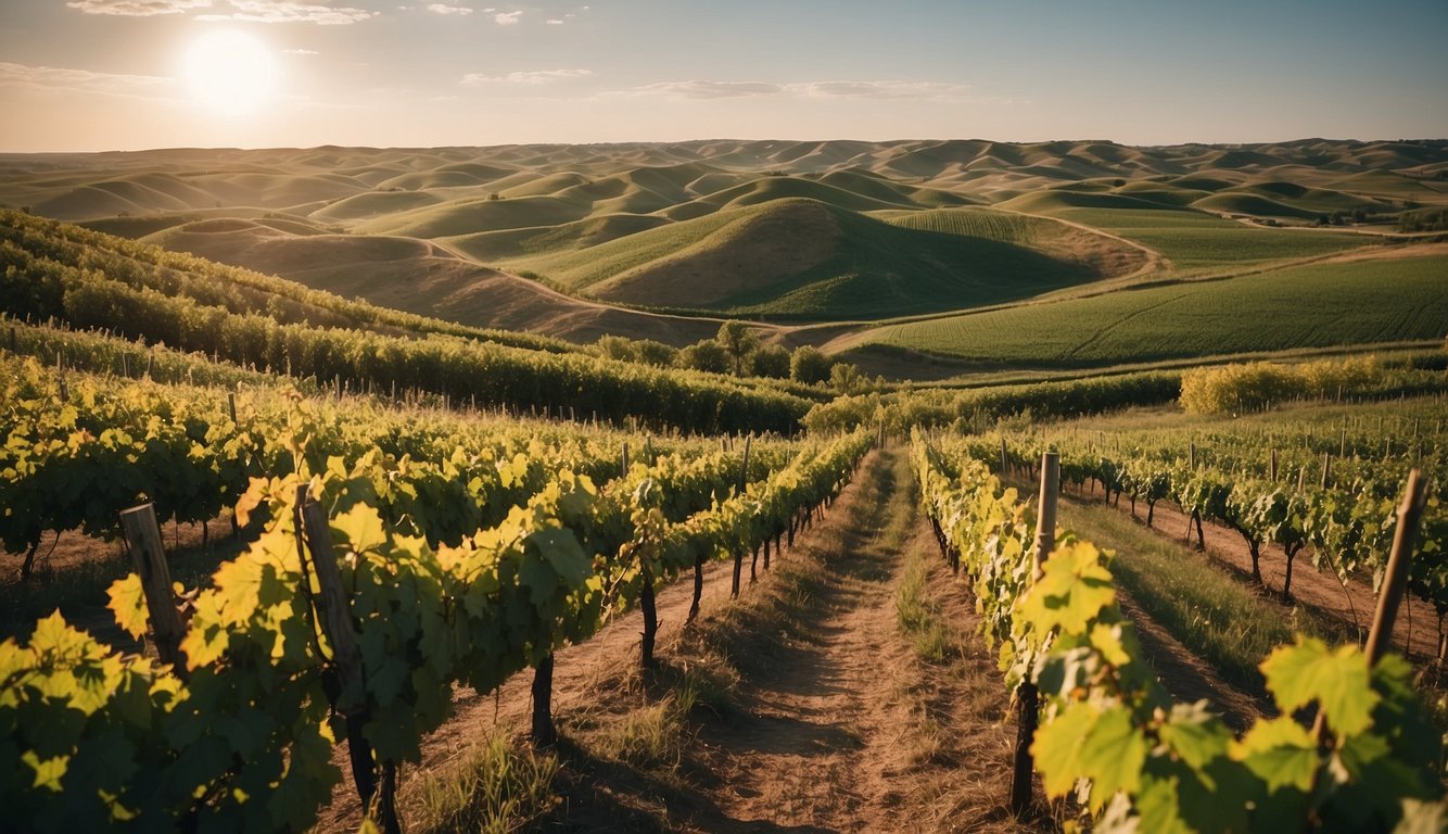 Lush vineyards spread across rolling hills at Point of View Winery, a top destination in North Dakota