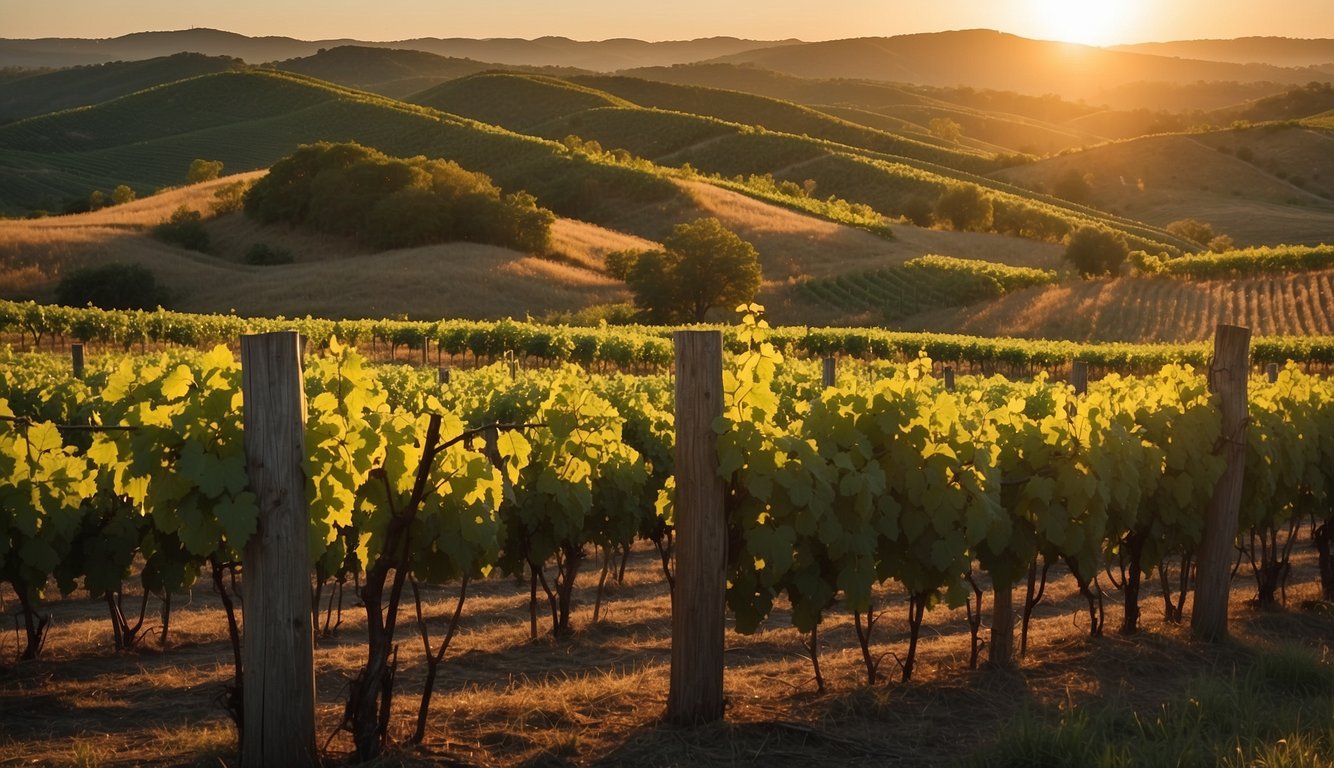 A lush vineyard with rows of grapevines stretching into the distance, nestled in the rolling hills of Texas. The sun sets behind the vineyard, casting a warm glow over the landscape