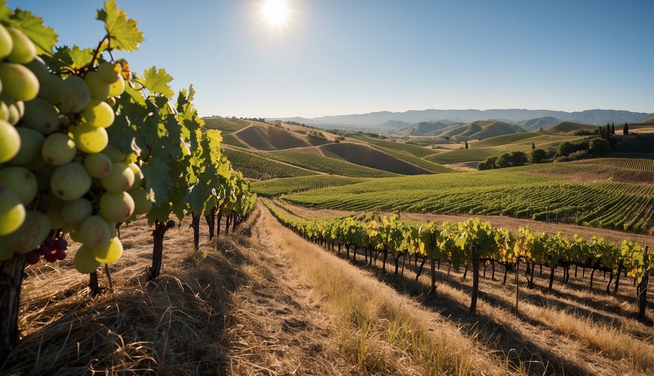 Rolling hills with rows of grapevines, a rustic winery in the distance, and a clear blue sky overhead