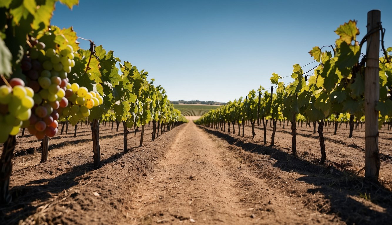 Rolling hills of vineyards at Flat Creek Estate, Texas. Rows of grapevines stretch into the distance under a clear blue sky