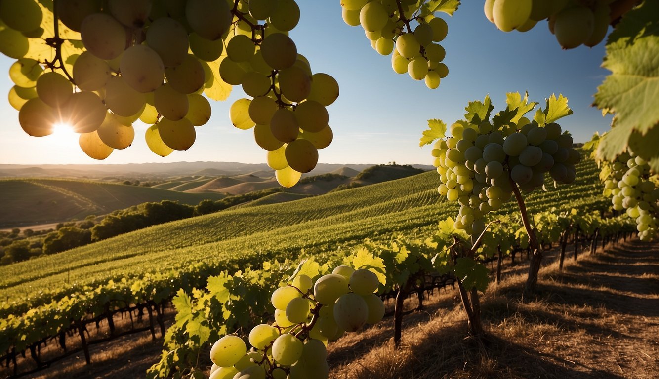 Lush vineyards sprawl across rolling Texas hills, with rows of grapevines stretching into the distance. The sun casts a warm glow over the landscape, illuminating the vibrant green leaves and clusters of ripening grapes