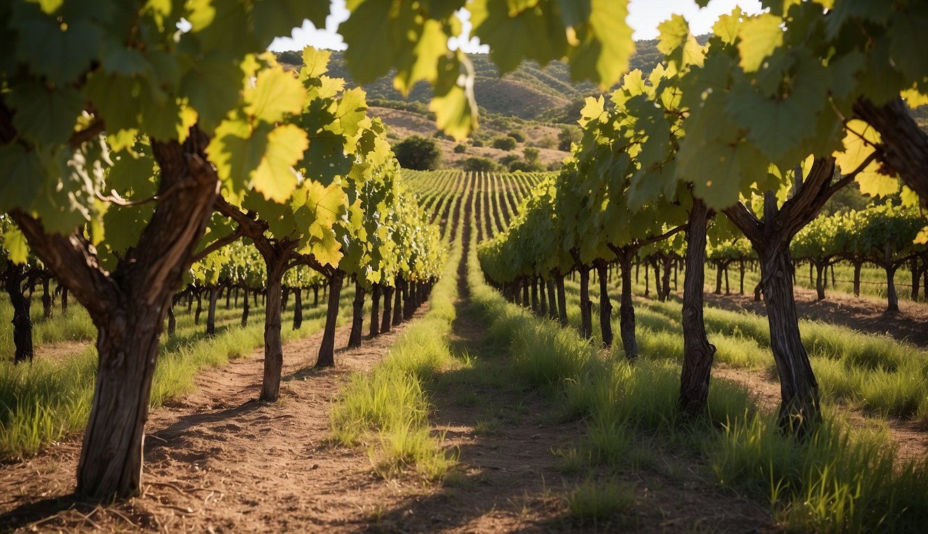 Lush vineyard rows stretch across rolling hills at Pedernales Cellars, with vibrant grapevines basking in the Texas sun