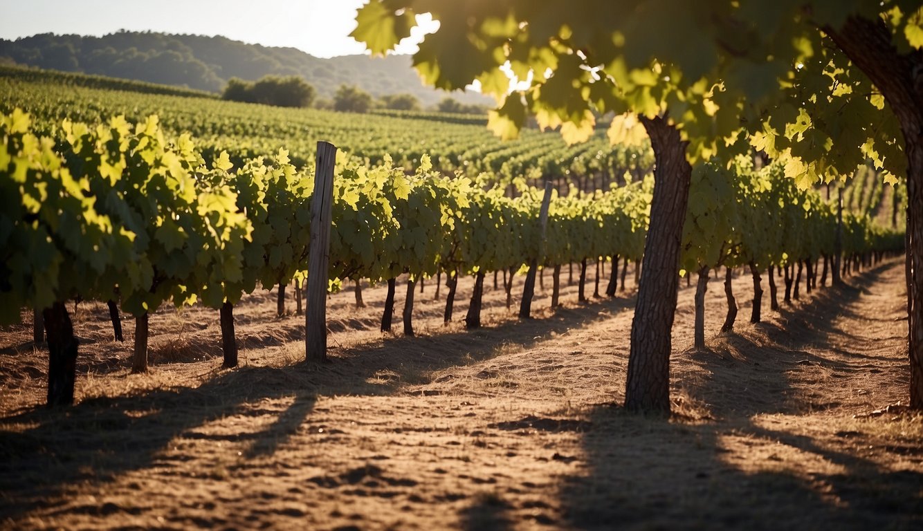 Lush vineyard rows at Duchman Family Winery, Texas. Sunlight filters through the leaves, casting dappled shadows on the rich soil