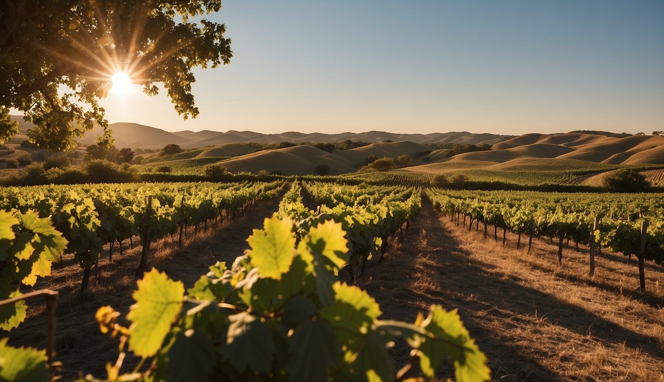 Lush vineyards sprawl across rolling hills, with rows of grapevines stretching toward the horizon. A warm Texas sun bathes the landscape in golden light, casting long shadows on the verdant rows