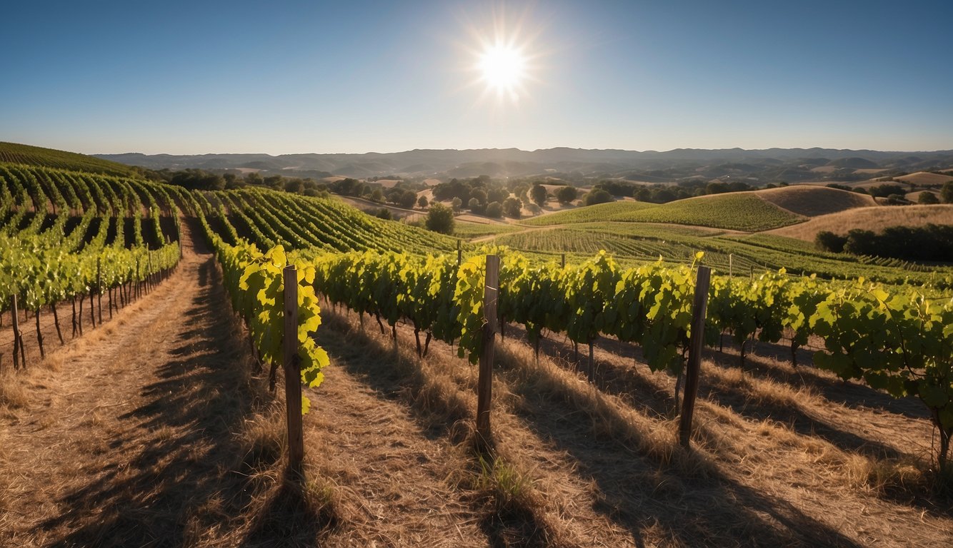 Rolling hills of grapevines, basking in the warm Texas sun. A rustic winery nestled among the vines, with a backdrop of blue skies and a hint of the Lone Star State's charm