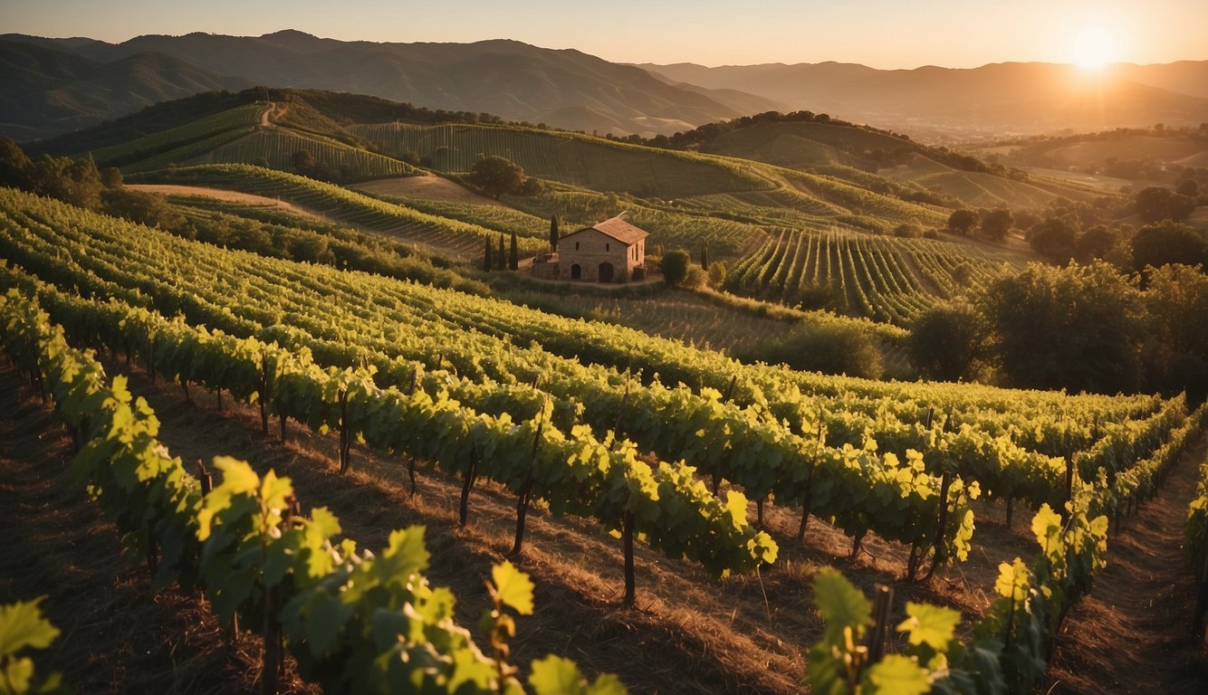 Lush green vineyards stretch across rolling hills, with a rustic winery nestled at the center. The sun sets behind the rows of grapevines, casting a warm glow over the picturesque scene