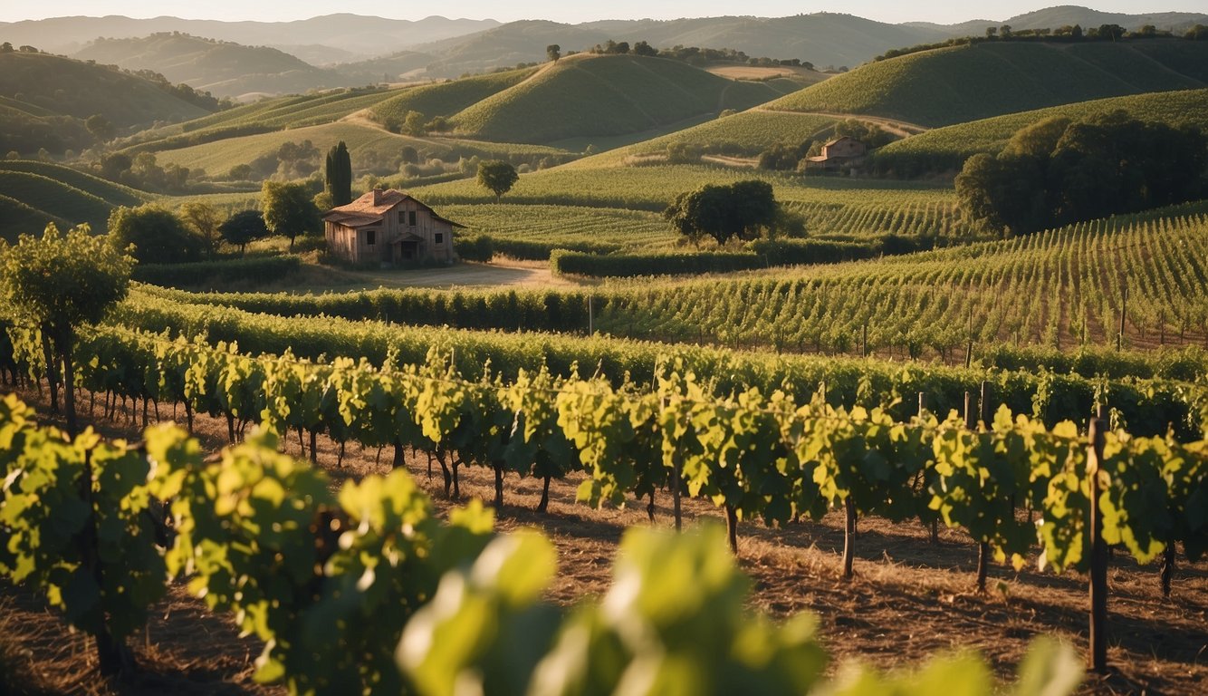 Lush vineyard with rolling hills, rows of grapevines, and a rustic winery building nestled in the countryside