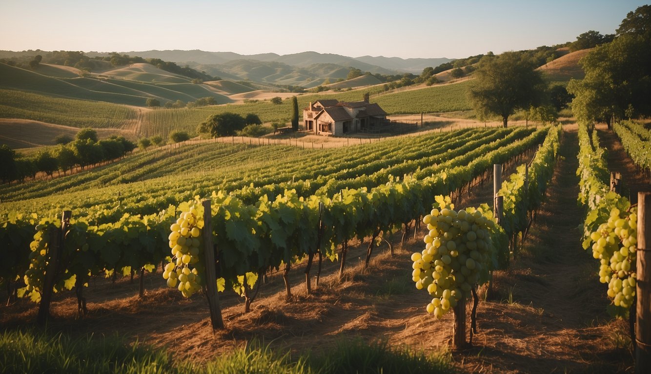 Lush vineyard with rolling hills, rows of grapevines, and a rustic winery building nestled in the Texas countryside