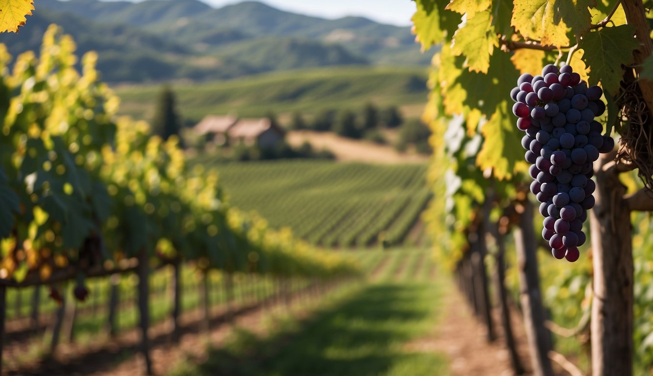 Vibrant vineyard with rolling hills, lush grapevines, and a charming winery nestled among the greenery